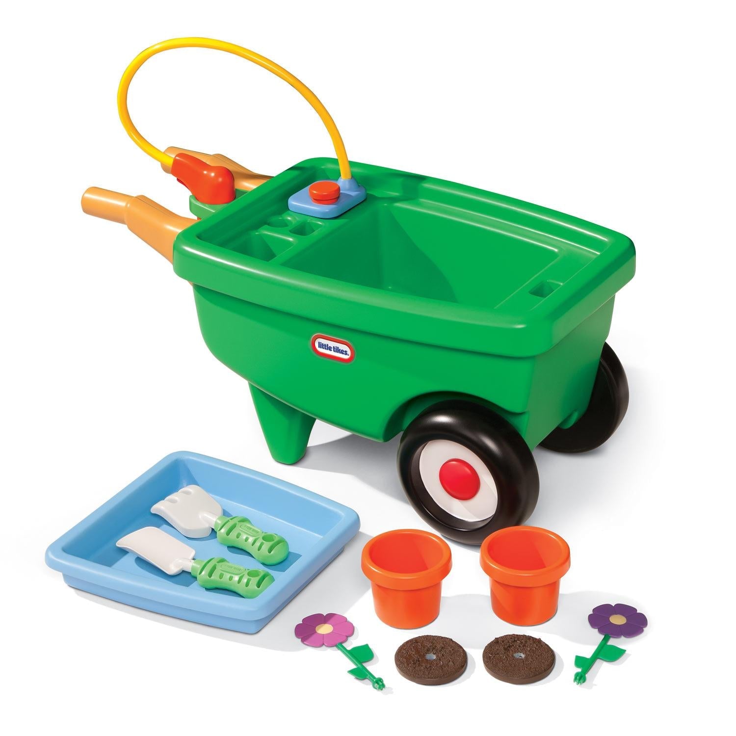 2-in-1 Garden Cart & Wheelbarrow �C Gardening Playset with Planting Tray, Water Sprinkler & Transformable Design