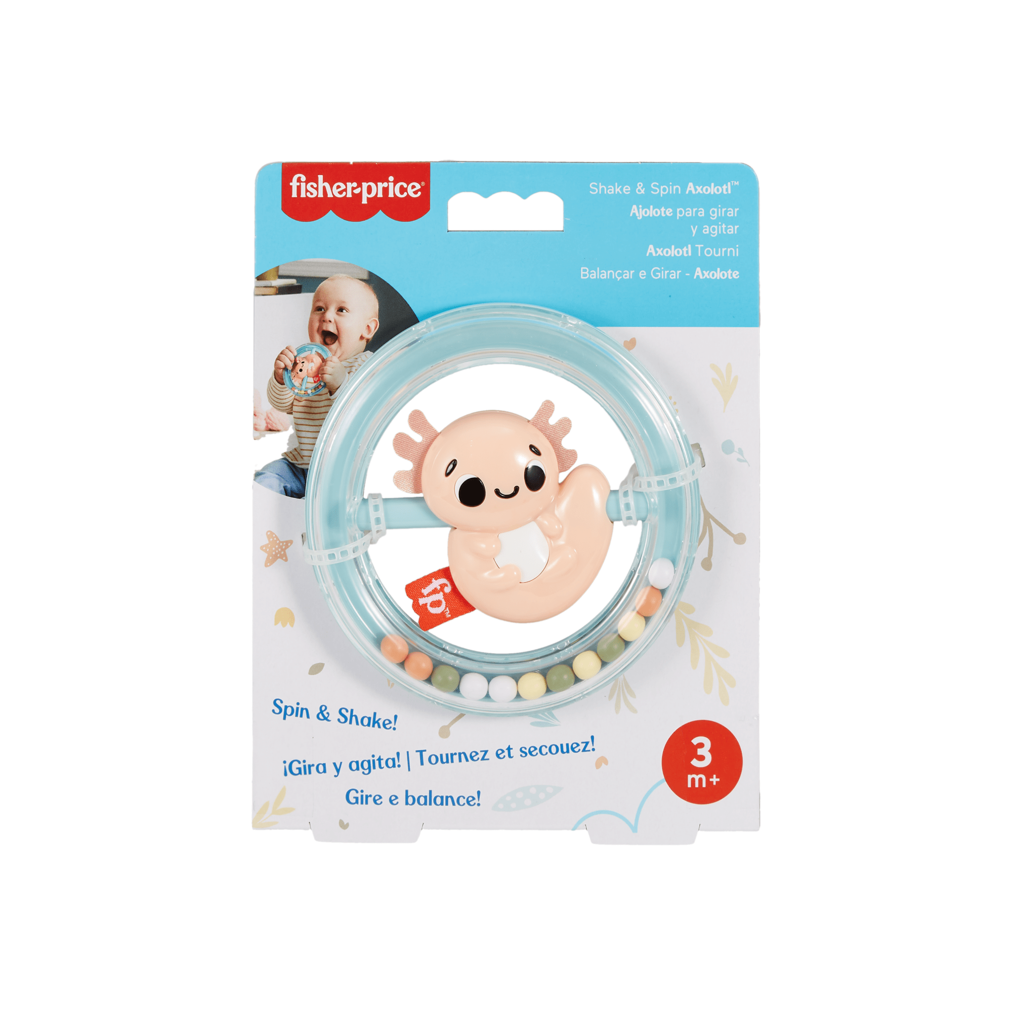 Fisher Price Shake & Spin Axolotl Rattle Baby Toy With Fine Motor Activity For Newborns