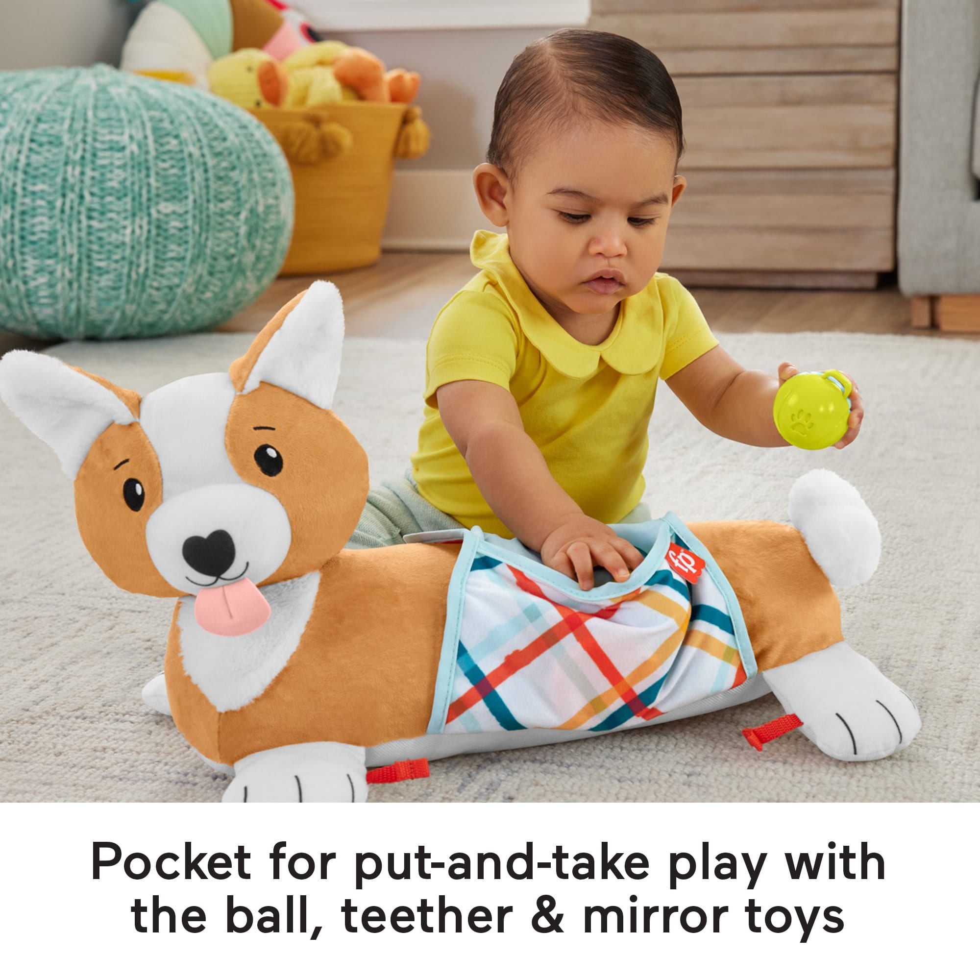Fisher-Price Baby Tummy Time Toys, 3-in-1 Puppy Wedge With Rattle TeeTher & Mirror