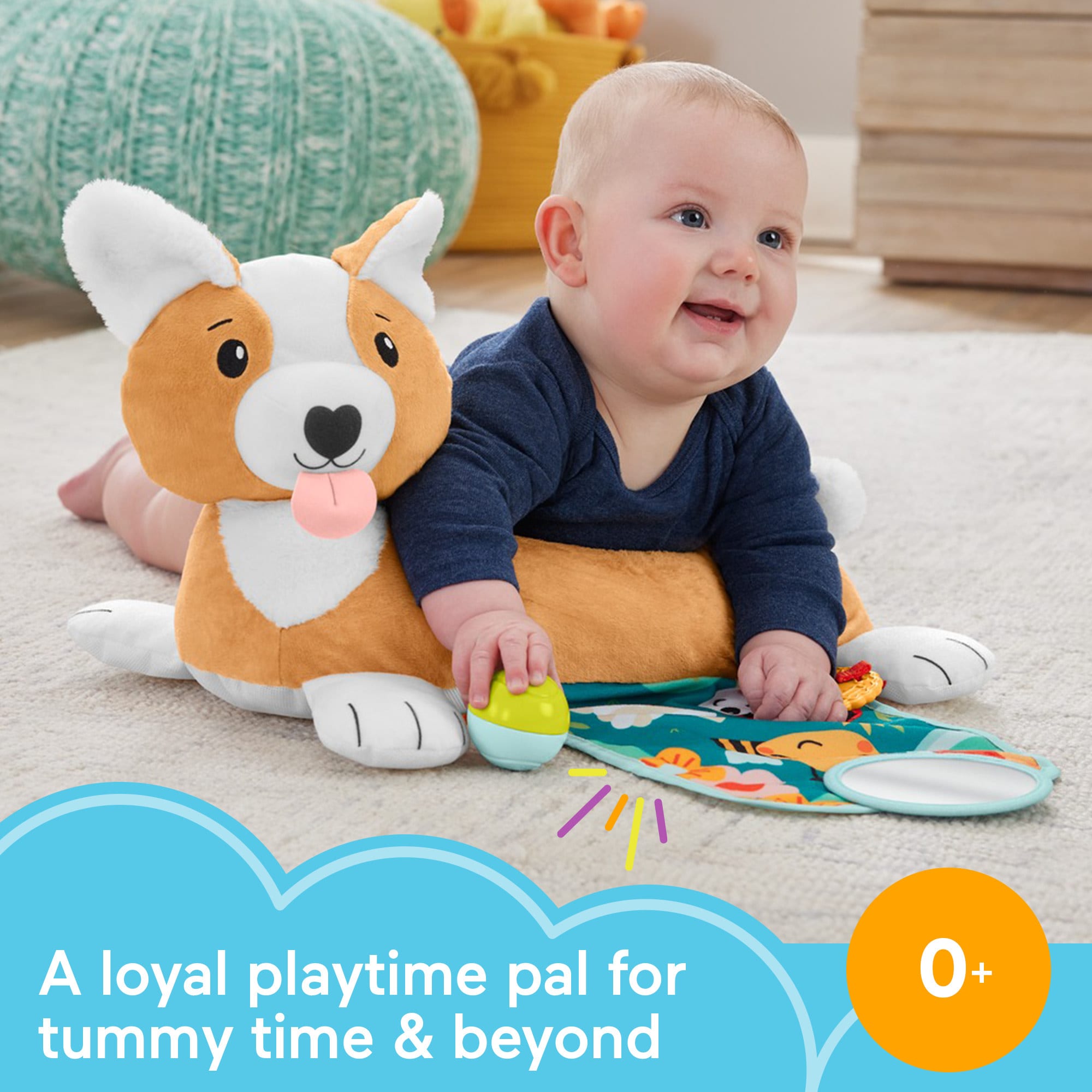 Fisher-Price Baby Tummy Time Toys, 3-in-1 Puppy Wedge With Rattle TeeTher & Mirror