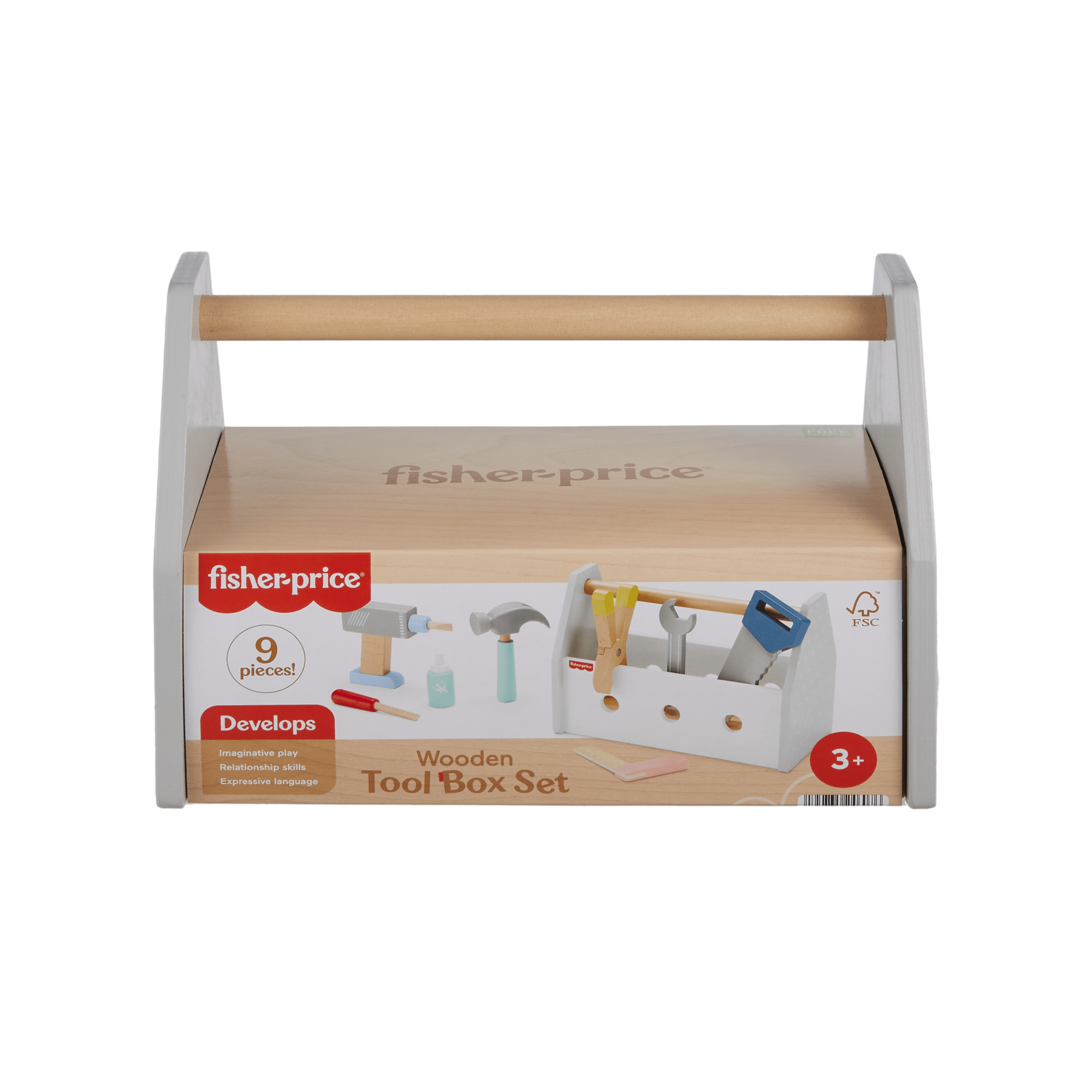 Fisher-Price  Coffret Boîte à Outils en Bois, 9Éléments en Bois